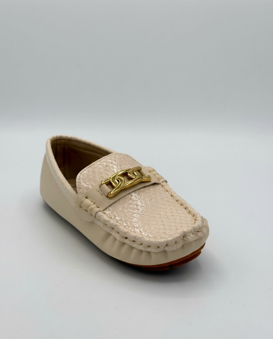 Boys beige snake embossed driving loafer โ front view