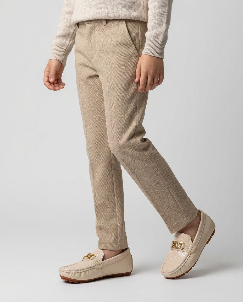 Boys beige snake embossed driving loafer โ side profile