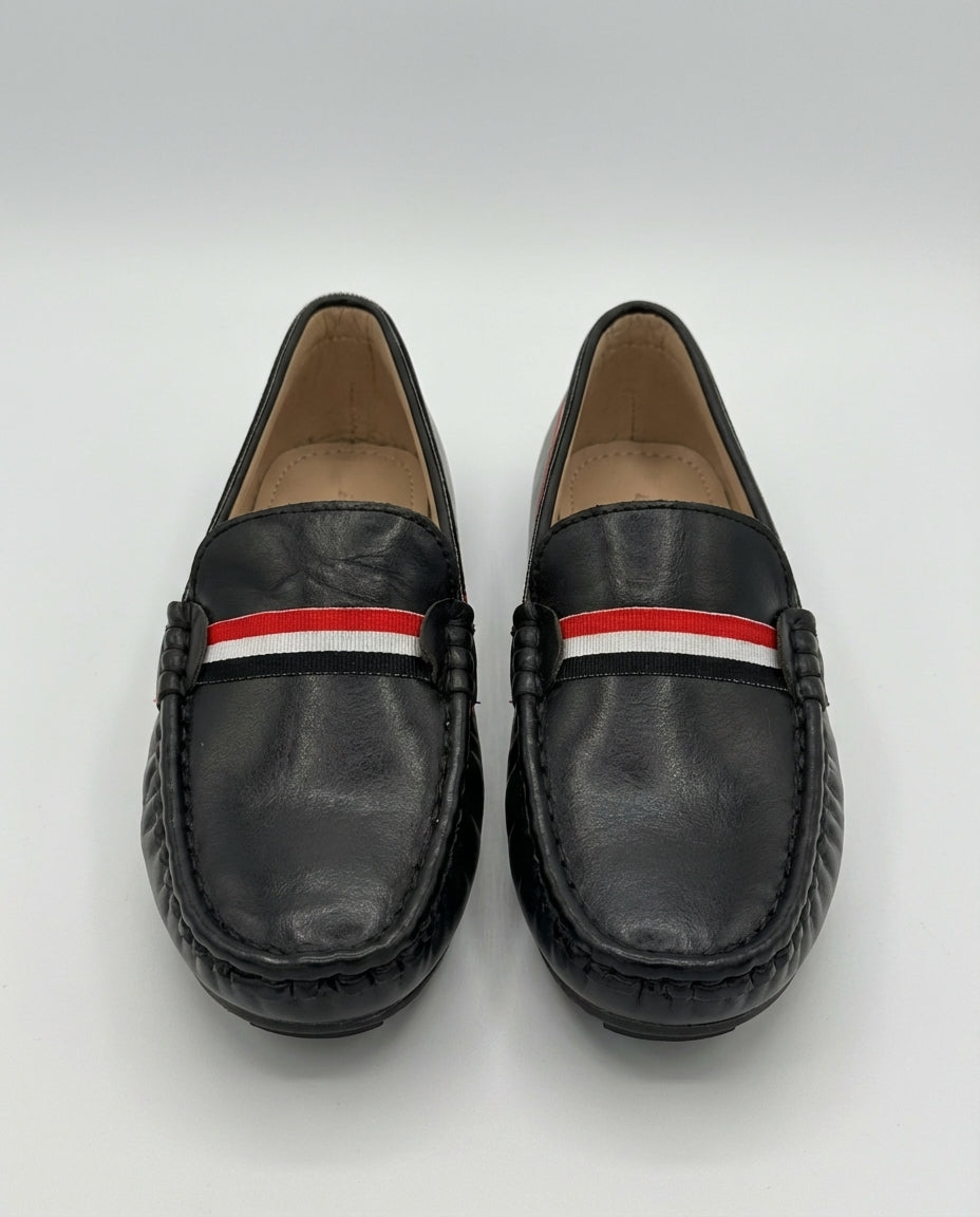 Boys black leather striped loafer โ front view