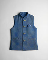 Boys cerulean blue dobby waist coat textured — front view