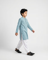 Boys teal slub cotton kurta textured — front view