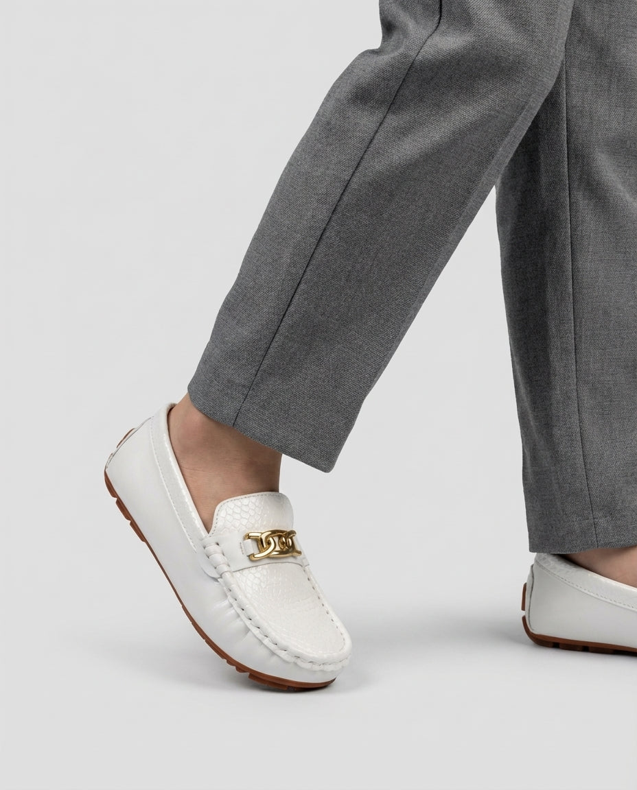 Boys white python embossed leather loafer โ side profile