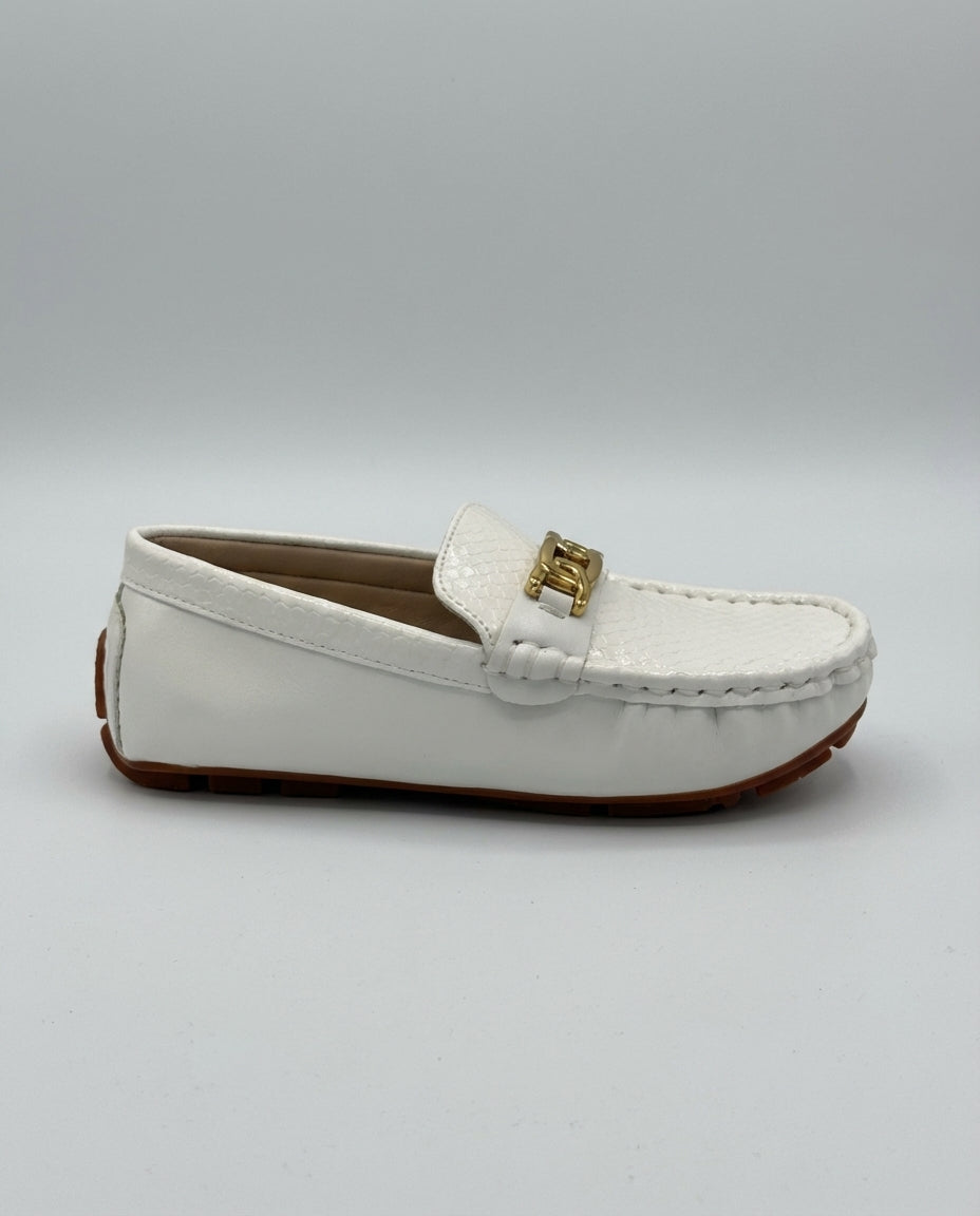 Boys white python embossed leather loafer โ front view
