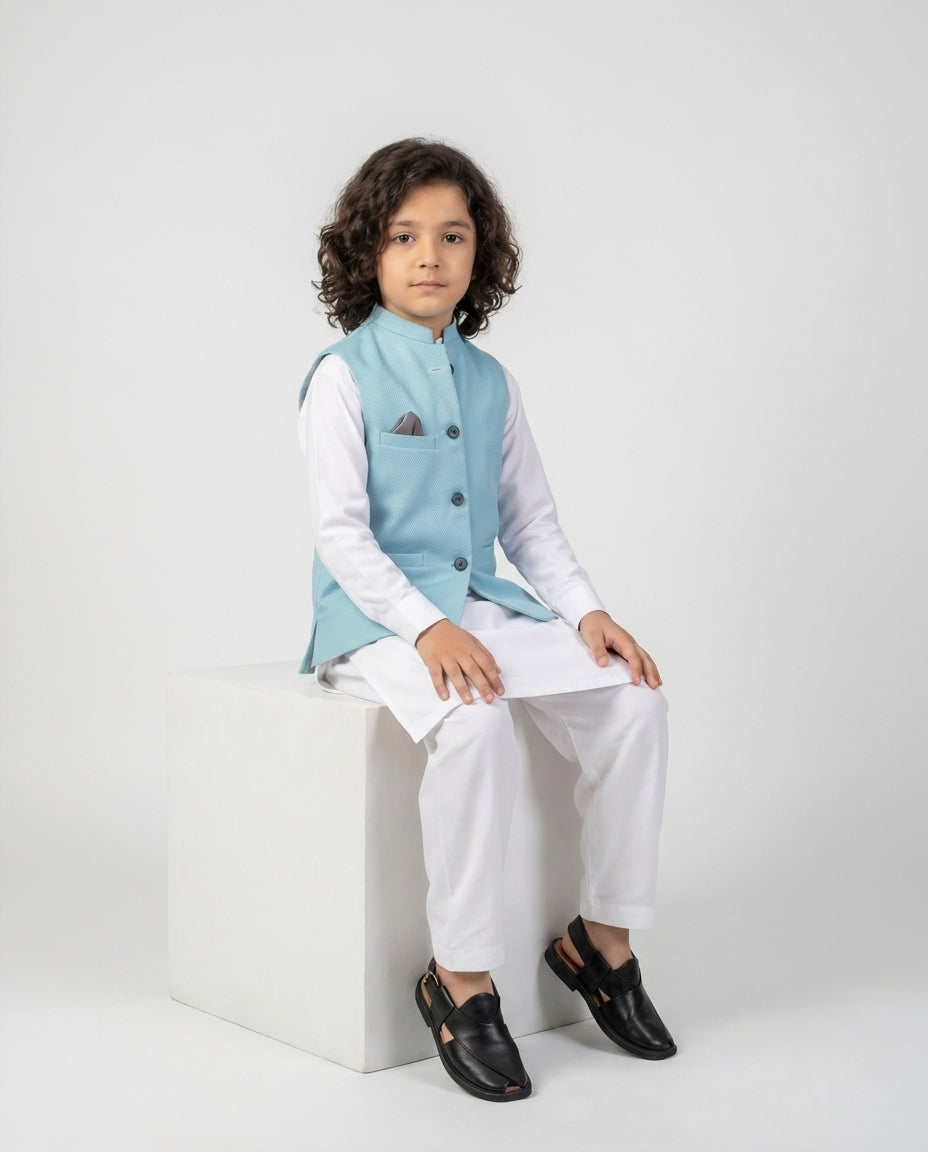 Boys ice blue honeycomb waist coat textured — weave detail