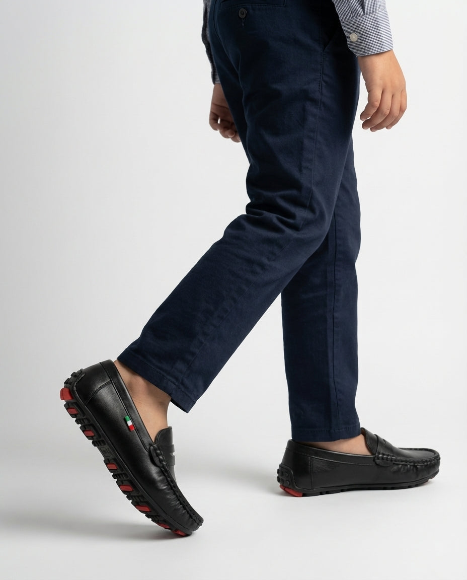 Boys black Milano leather driving loafer — side profile