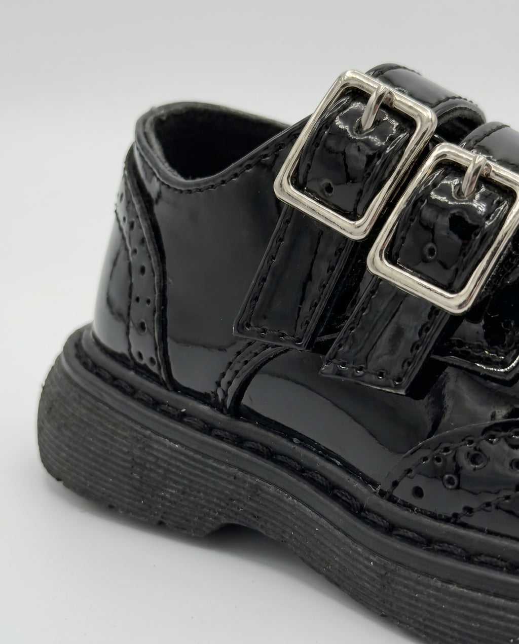 Boys glossy black patent monk shoe — side profile