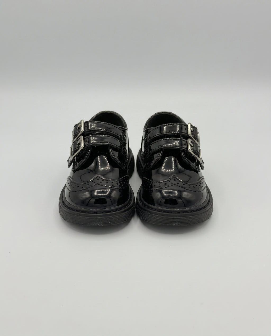 Boys glossy black patent monk shoe — toe detail