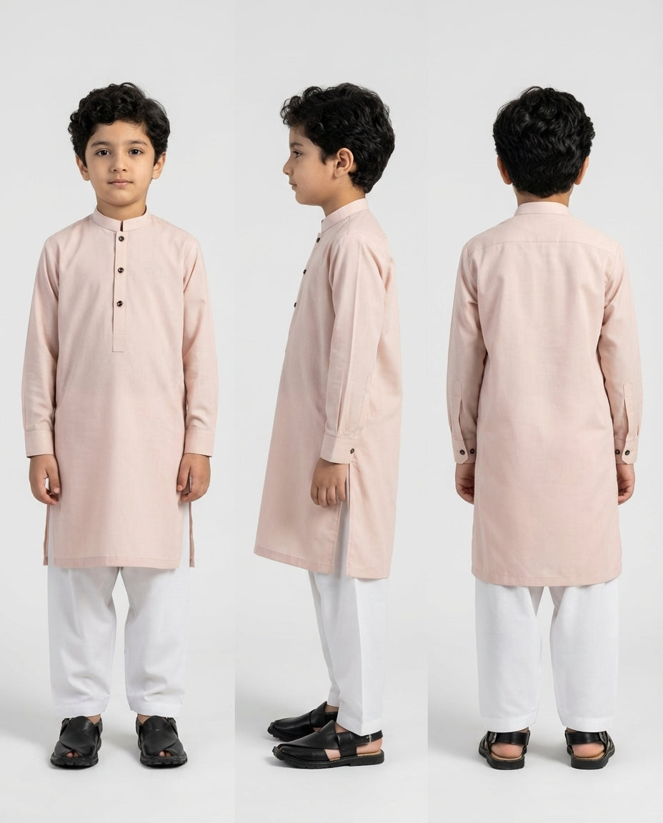 Boys blush pink minimalist kurta soft tone — collar detail