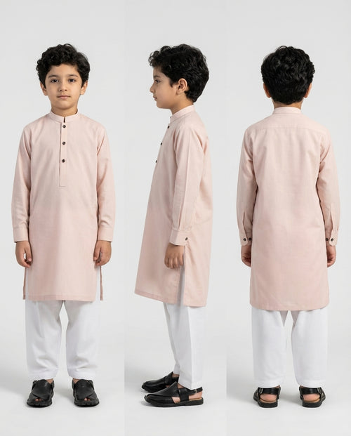 Boys blush pink minimalist kurta soft tone — collar detail