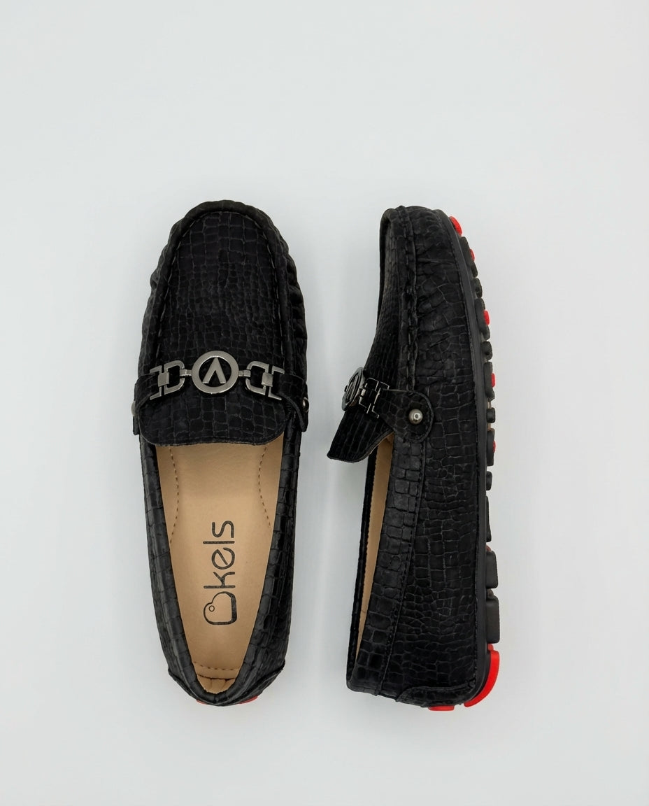Boys black croc embossed driving loafer — front view
