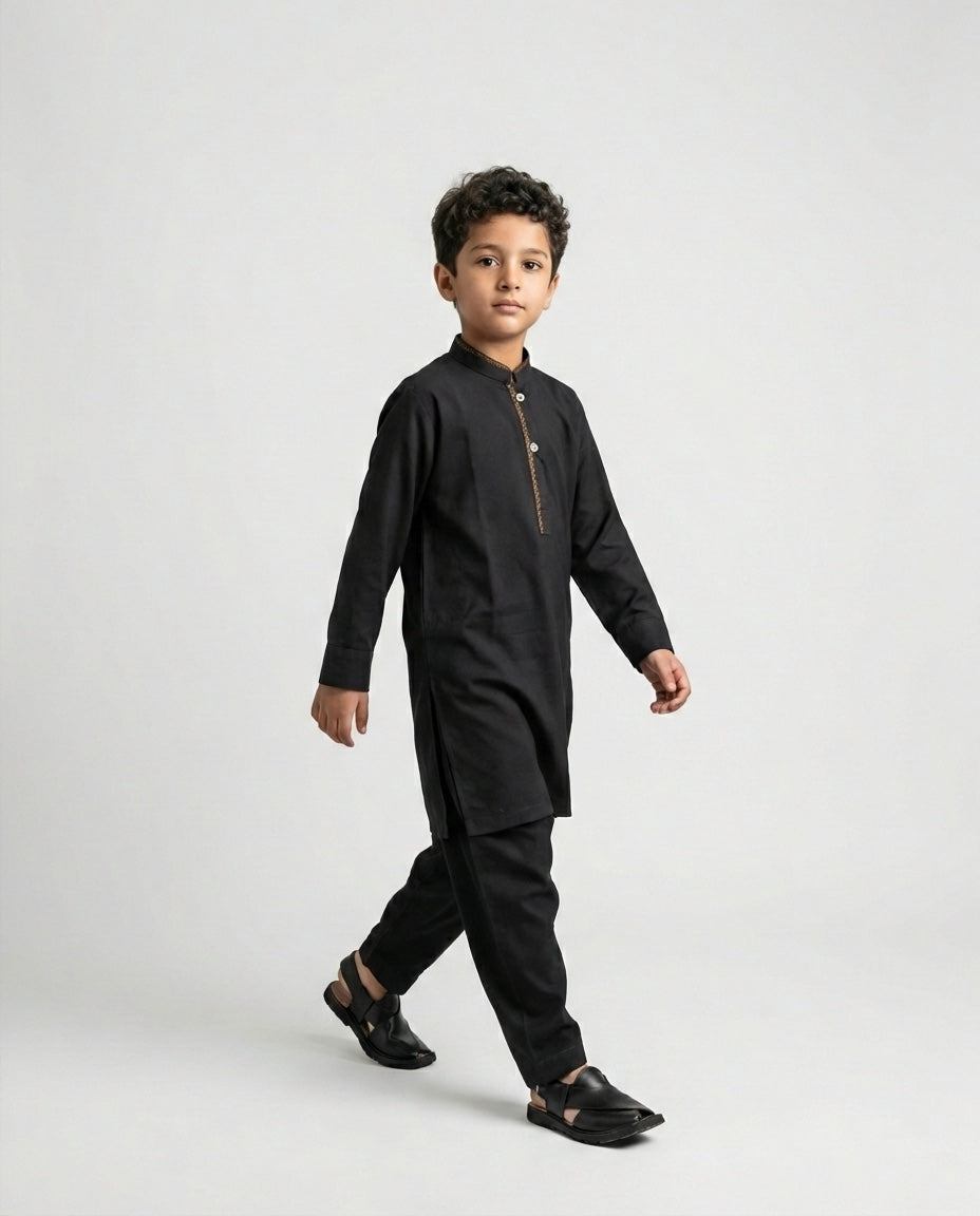 Boys classic black shalwar kameez Eid wear — front view