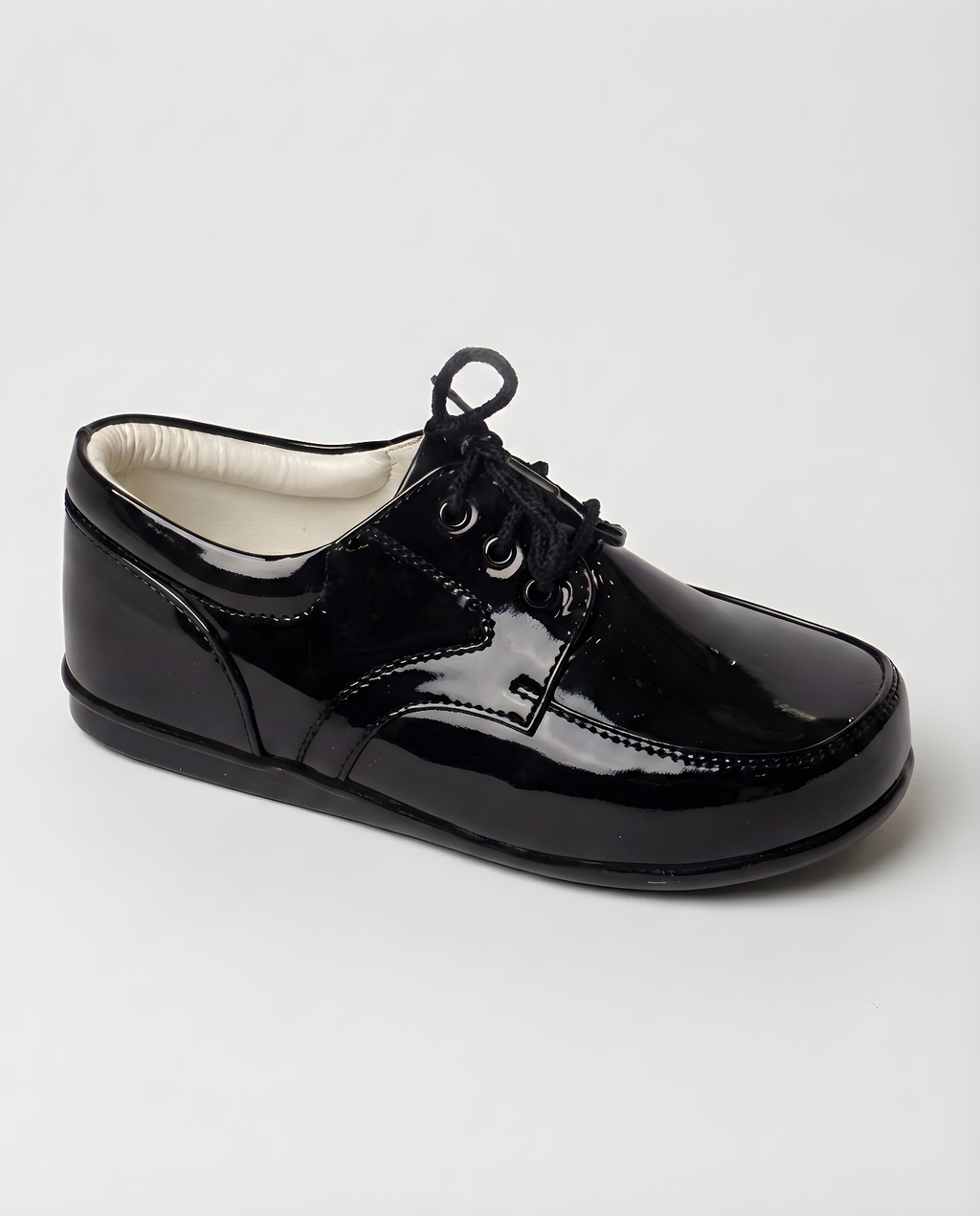 Boys classic black patent oxford shoe — front view