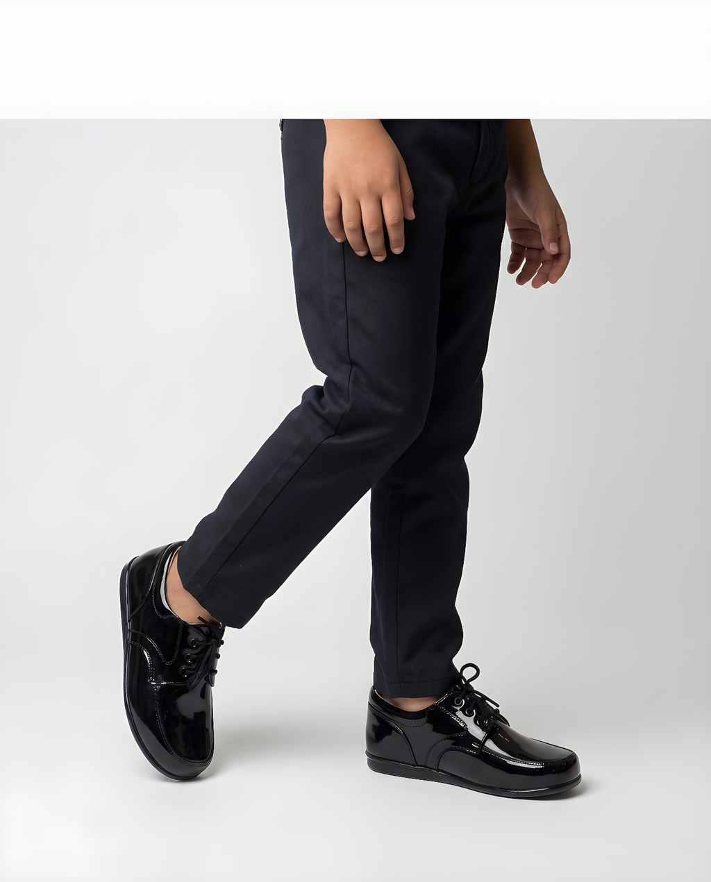 Boys classic black patent oxford shoe — side profile