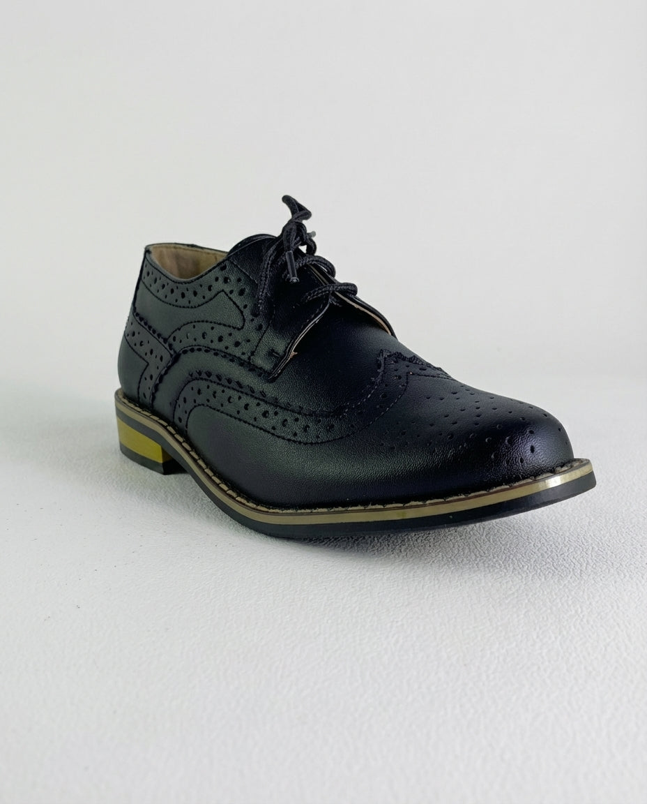 Boys classic black wingtip brogue shoe — front view