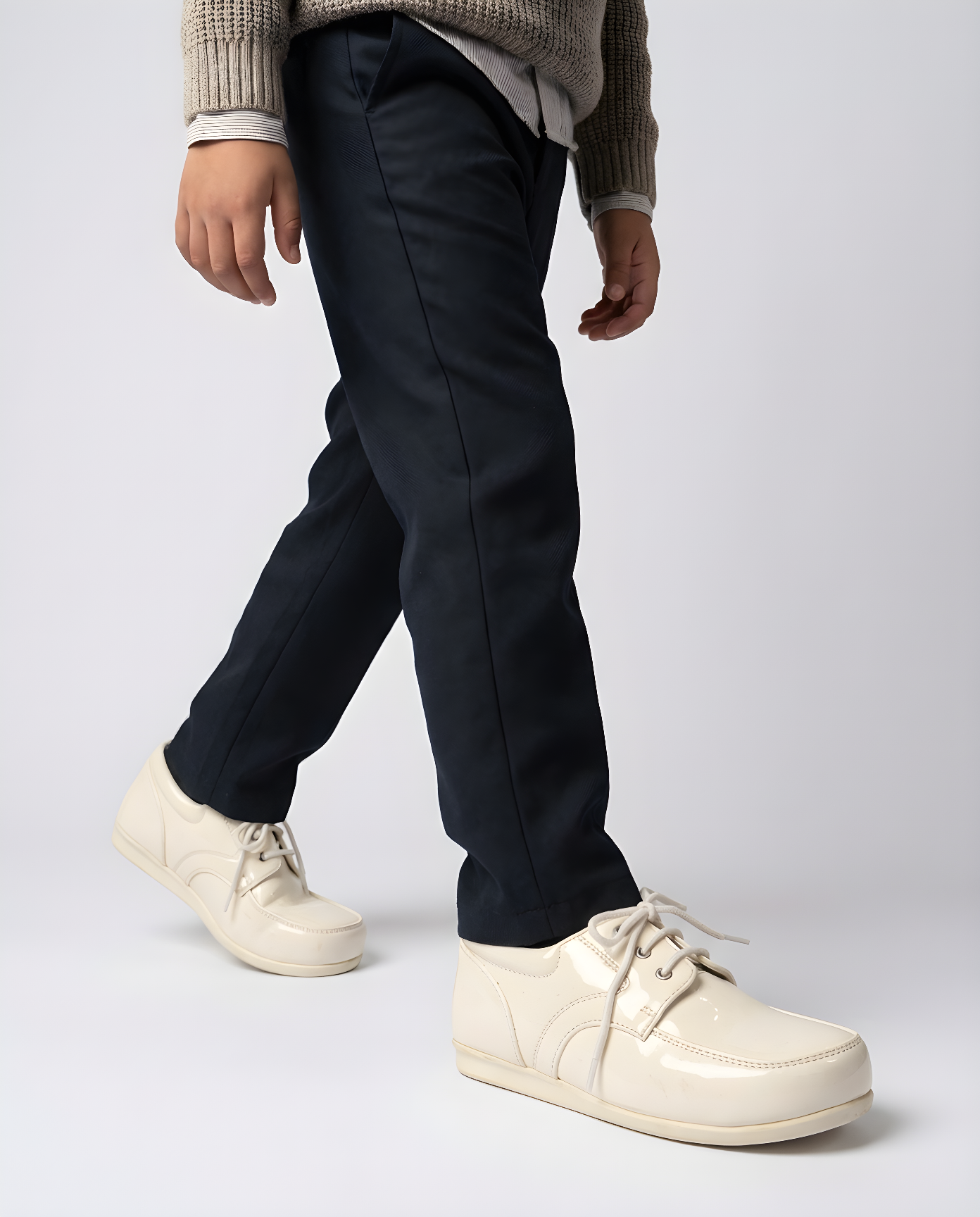 Boys cream patent derby shoe — side profile
