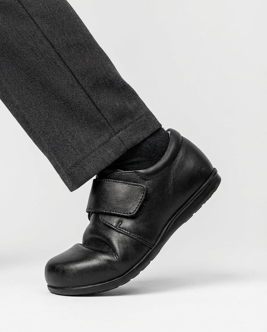 Boys black everyday leather shoe — sole view