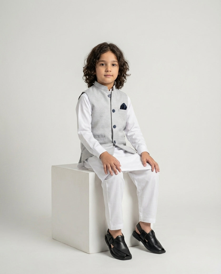 Boys light steel grey linen blend waist coat heathered — fabric detail