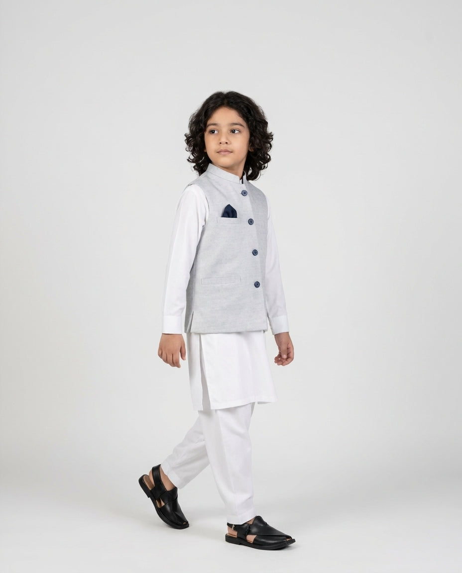 Boys light steel grey linen blend waist coat heathered — side view
