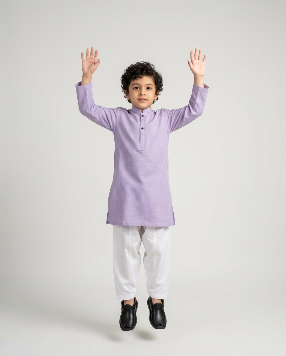 Boys lilac breeze cotton kurta with mandarin collar — sleeve detail