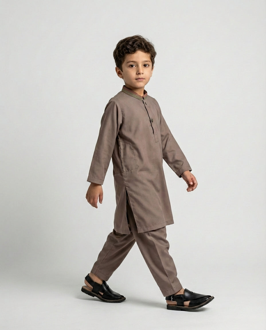 Boys mocha brown minimalist shalwar kameez — front view