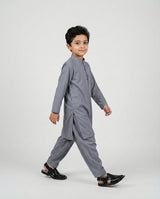 Boys muted grey woven shalwar kameez — front view
