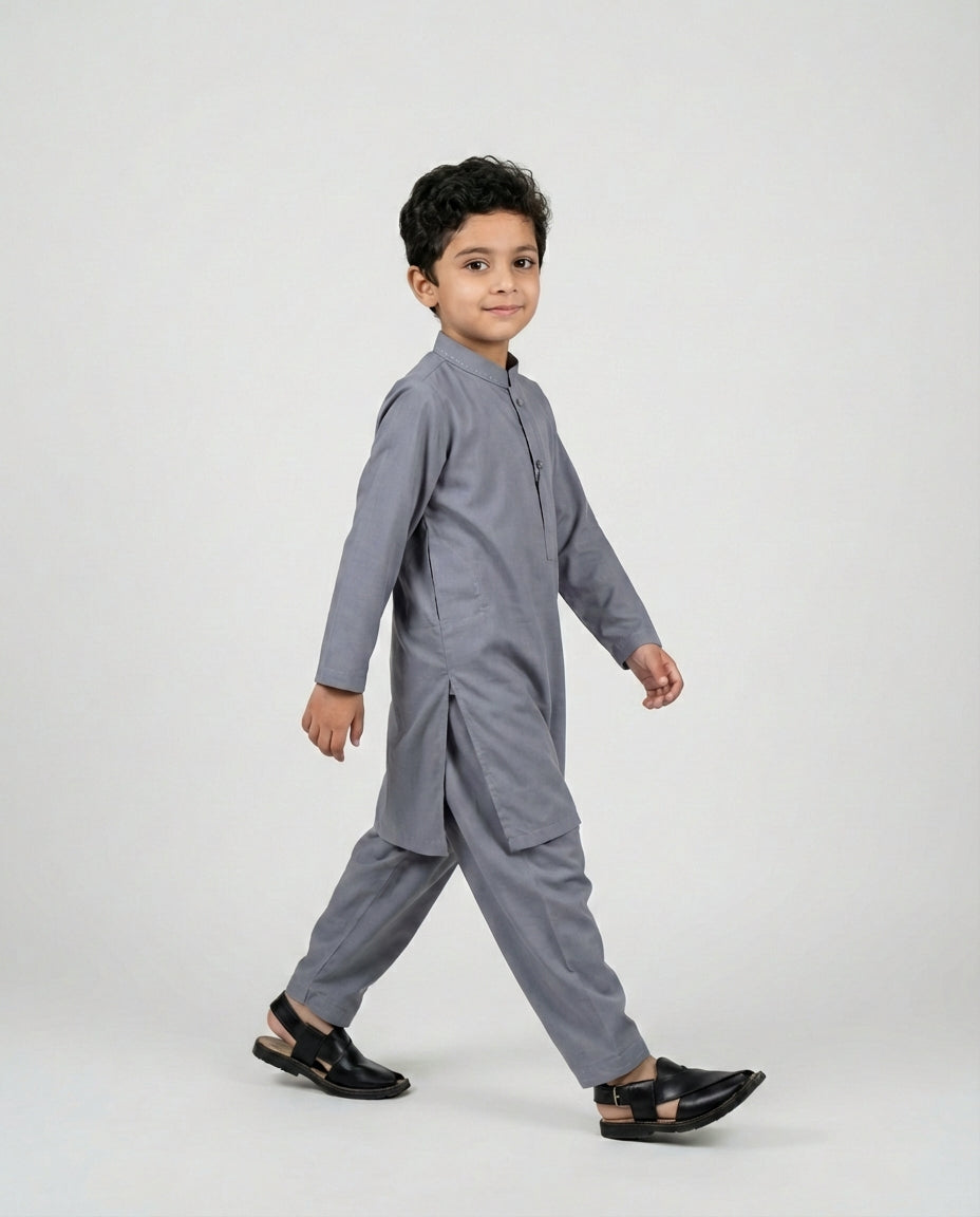 Boys muted grey woven shalwar kameez — front view