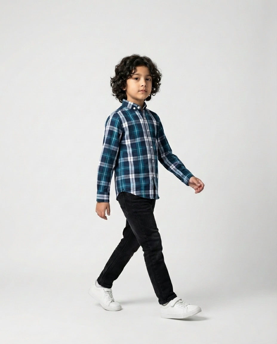 Navy Teal Plaid Shirt for Boys — Casual Shirts for Boys — View 2 | Little Giants