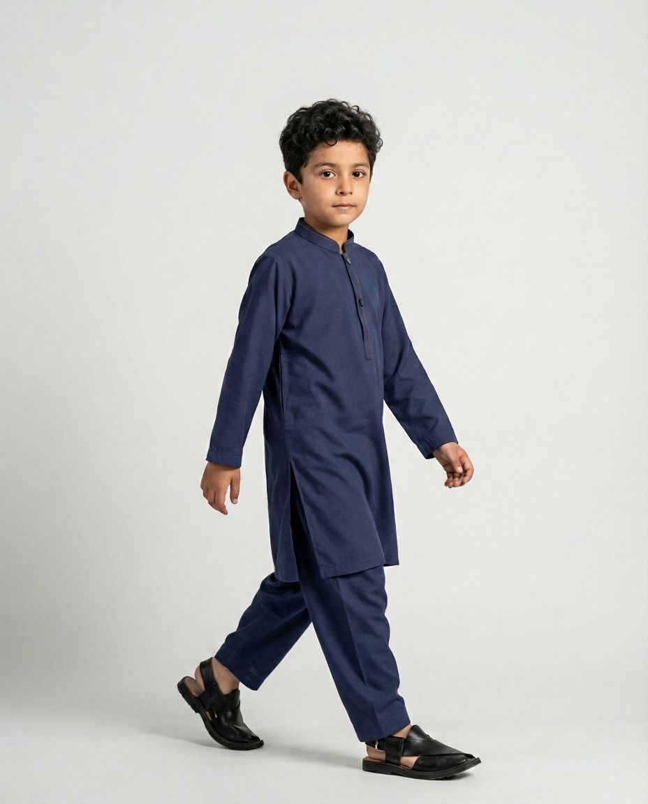Boys navy minimalist shalwar kameez clean cut — front view