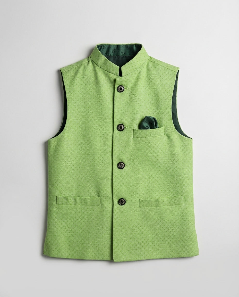 Boys lime green textured waist coat bright — front view