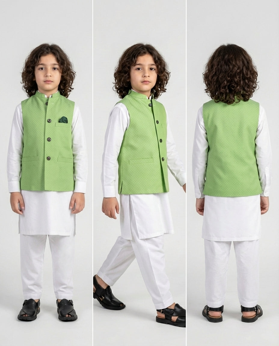 Boys lime green textured waist coat bright — Eid styling