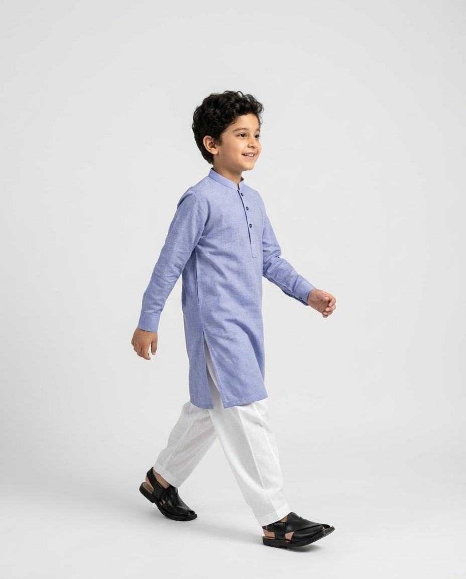 Boys sky blue chambray kurta lightweight — front view