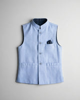 Boys light blue textured waist coat soft — front view