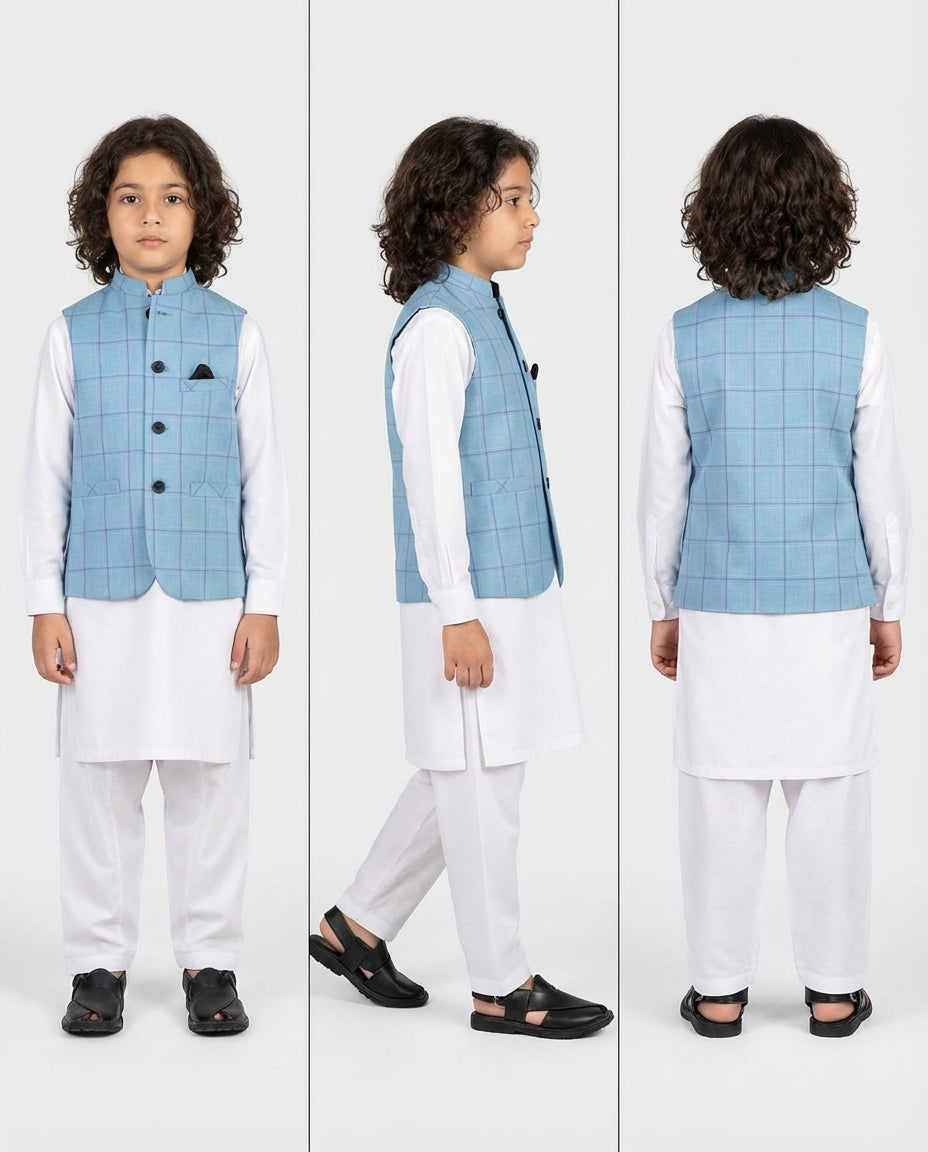 SKY BLUE CHECK WAIST COAT