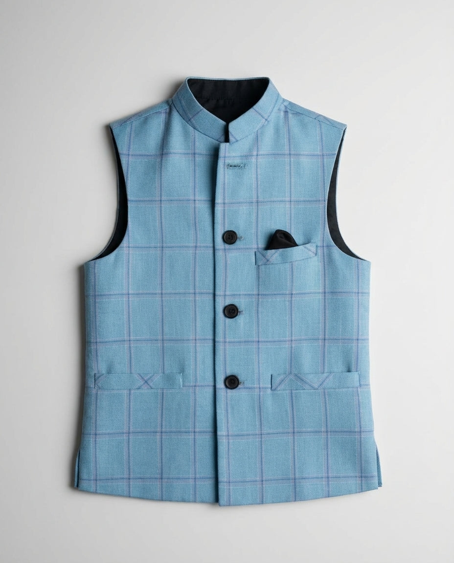Boys sky blue windowpane check waist coat — front view