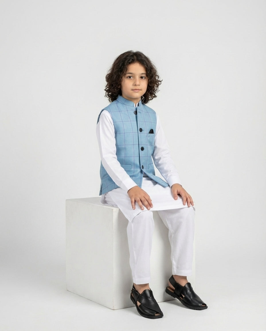 Boys sky blue windowpane check waist coat — pattern detail