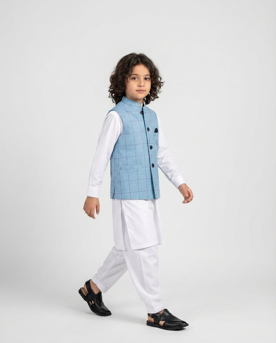 Boys sky blue windowpane check waist coat — side view