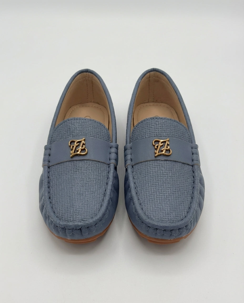 Boys slate blue textured leather loafer — sole view