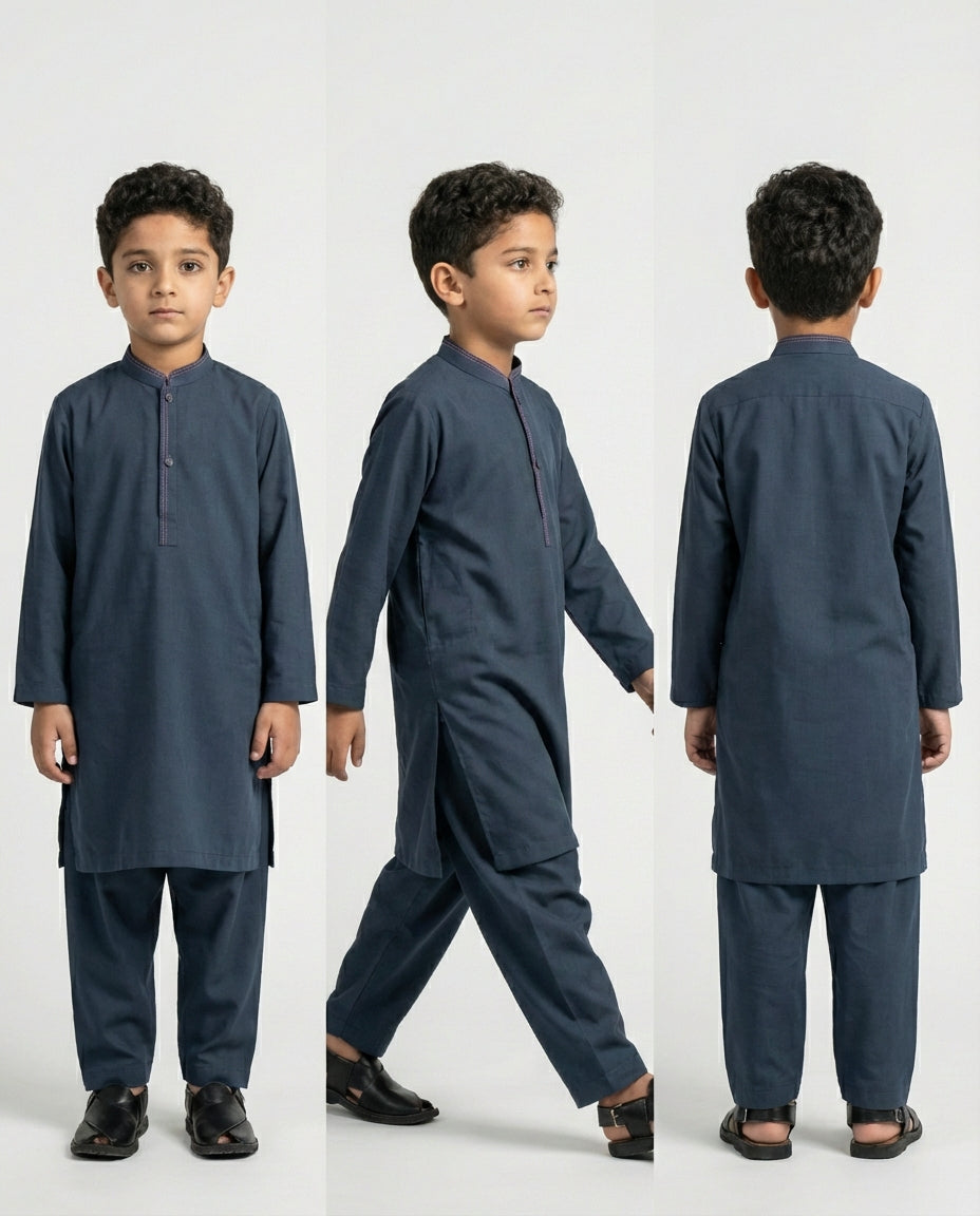 Boys slate blue shalwar kameez cotton set — fabric detail