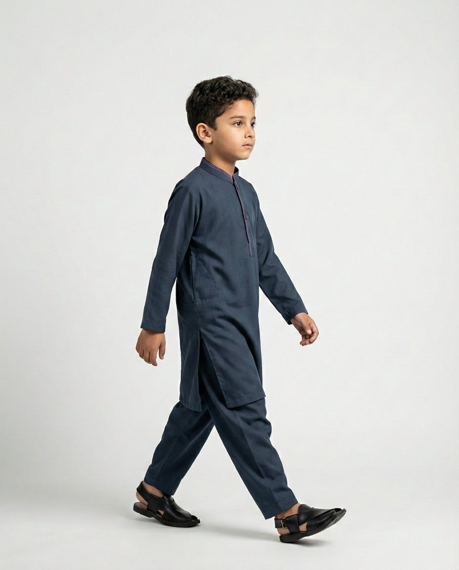 Boys slate blue shalwar kameez cotton set — front view