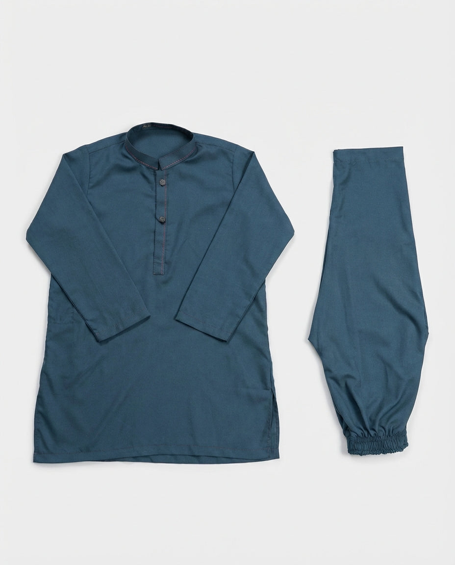 Boys slate blue teal shalwar kameez Eid set — styled with shoes
