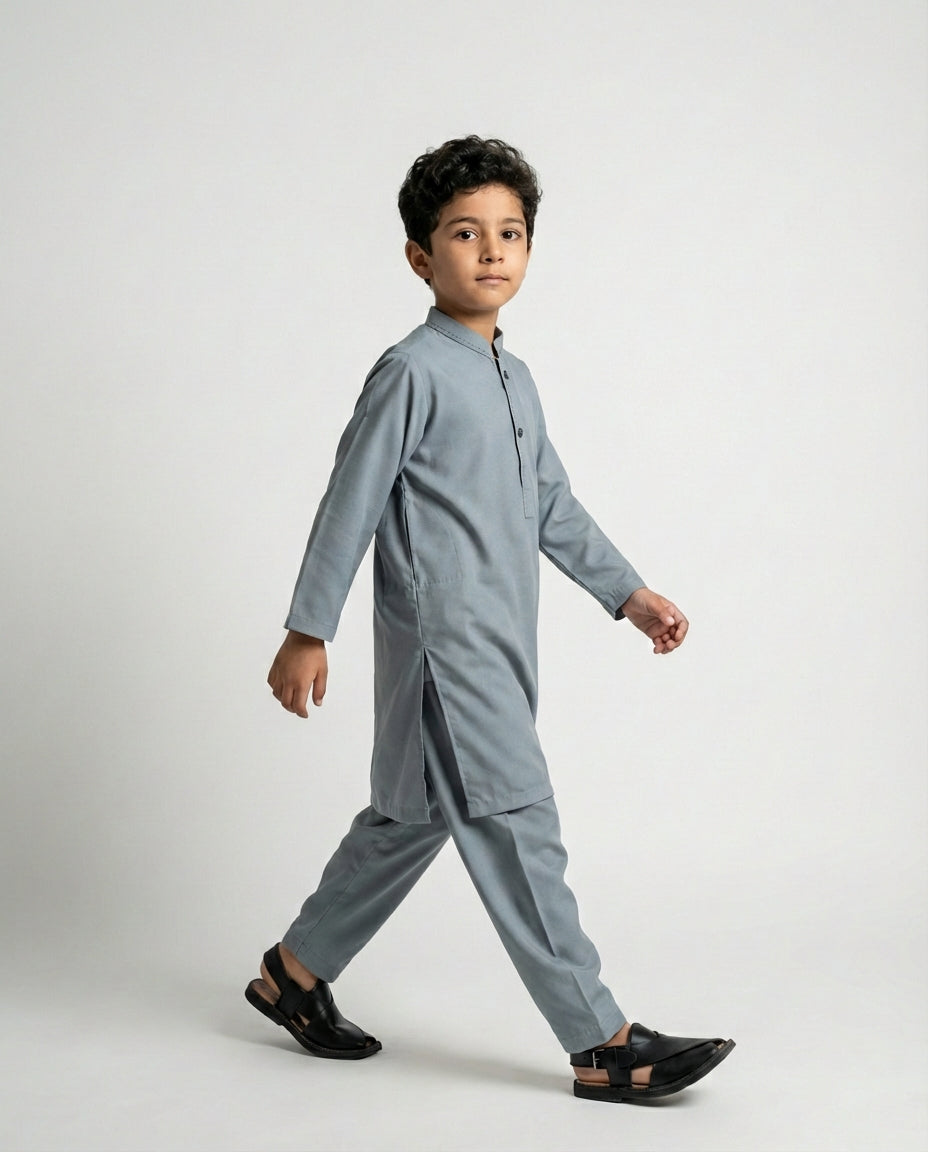 Boys slate grey modern shalwar kameez — front view