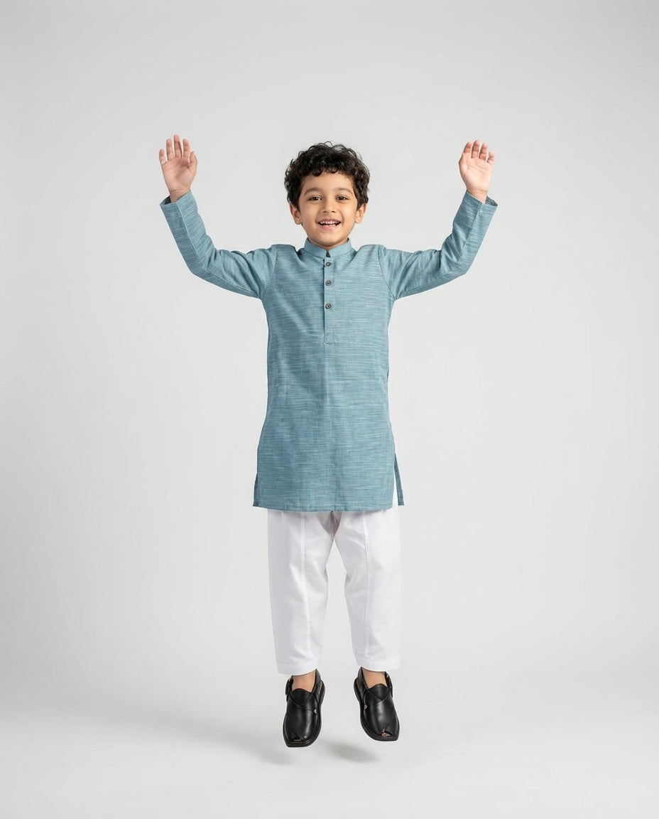 Boys teal slub cotton kurta textured — side view