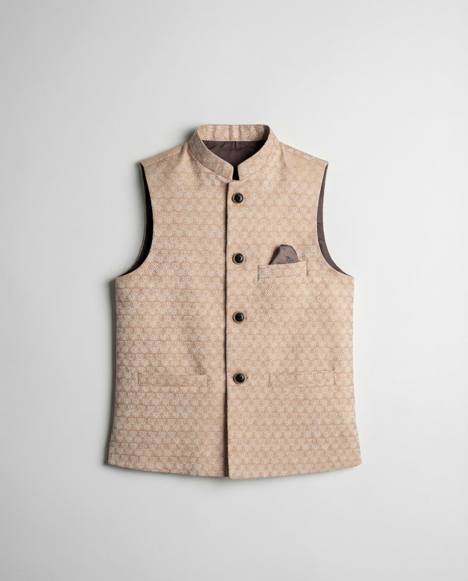 Boys camel textured waist coat earth tone — front view