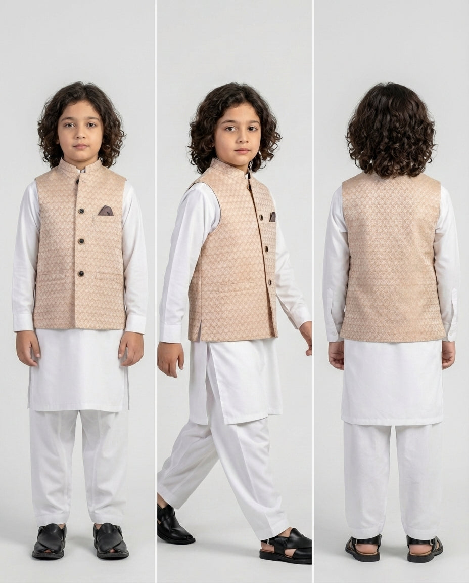 Boys camel textured waist coat earth tone — Eid styling
