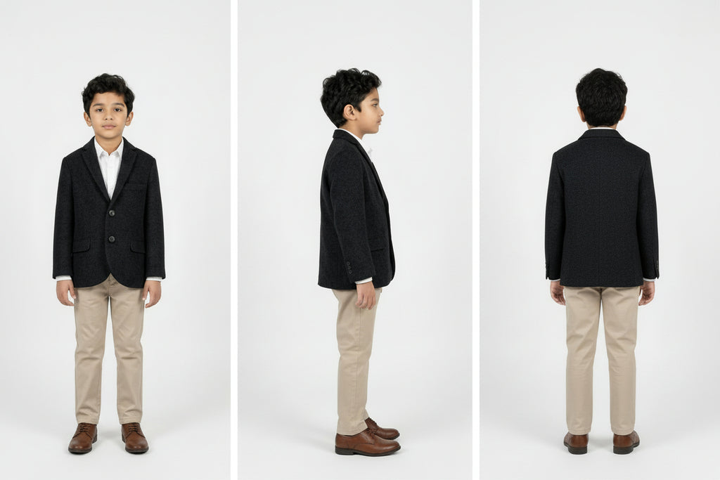 Three views of a boy wearing a black blazer, white shirt, beige pants, and brown shoes on a white background.