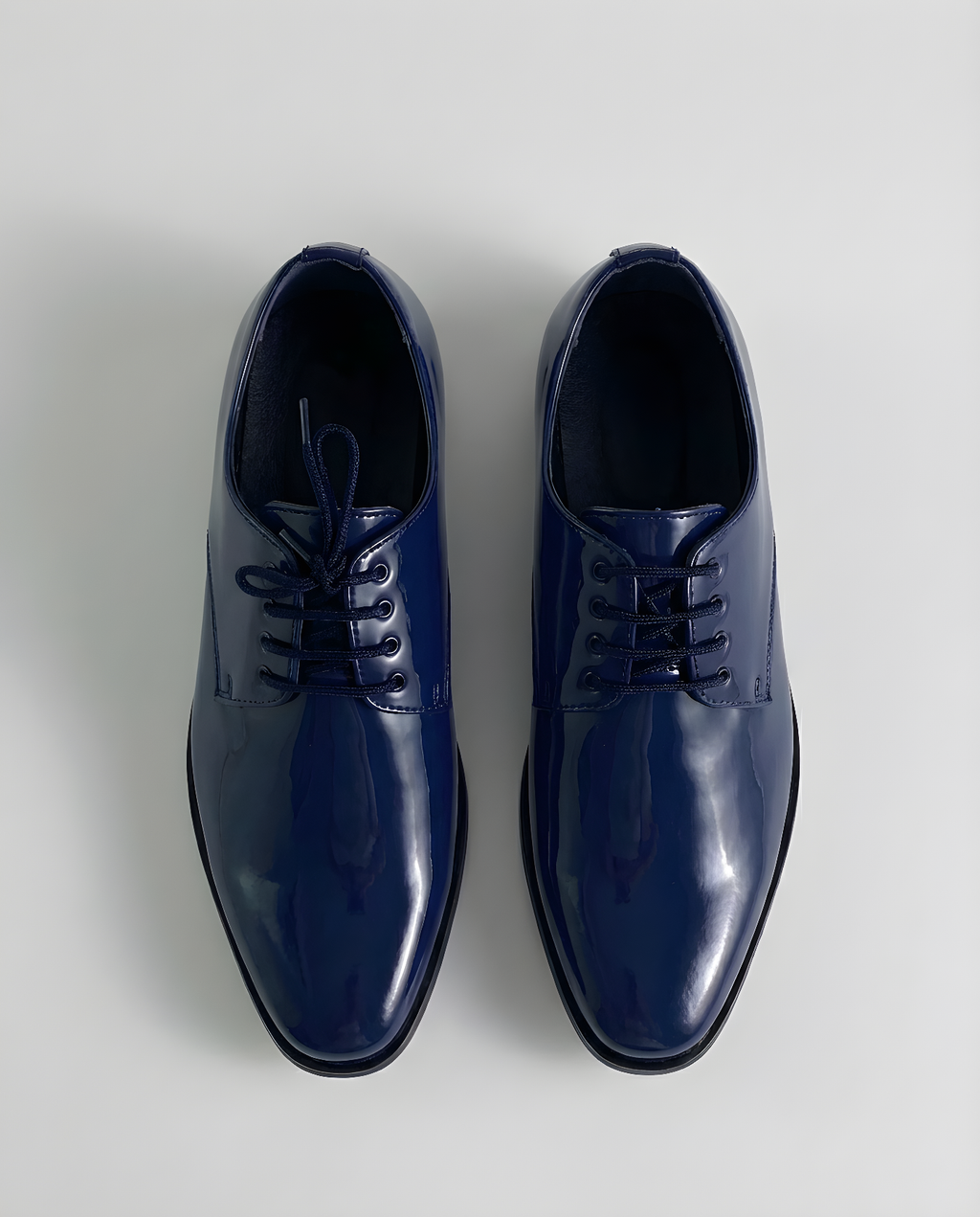 Boys navy patent derby shoe — front view