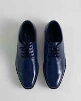 Boys navy patent derby shoe — front view