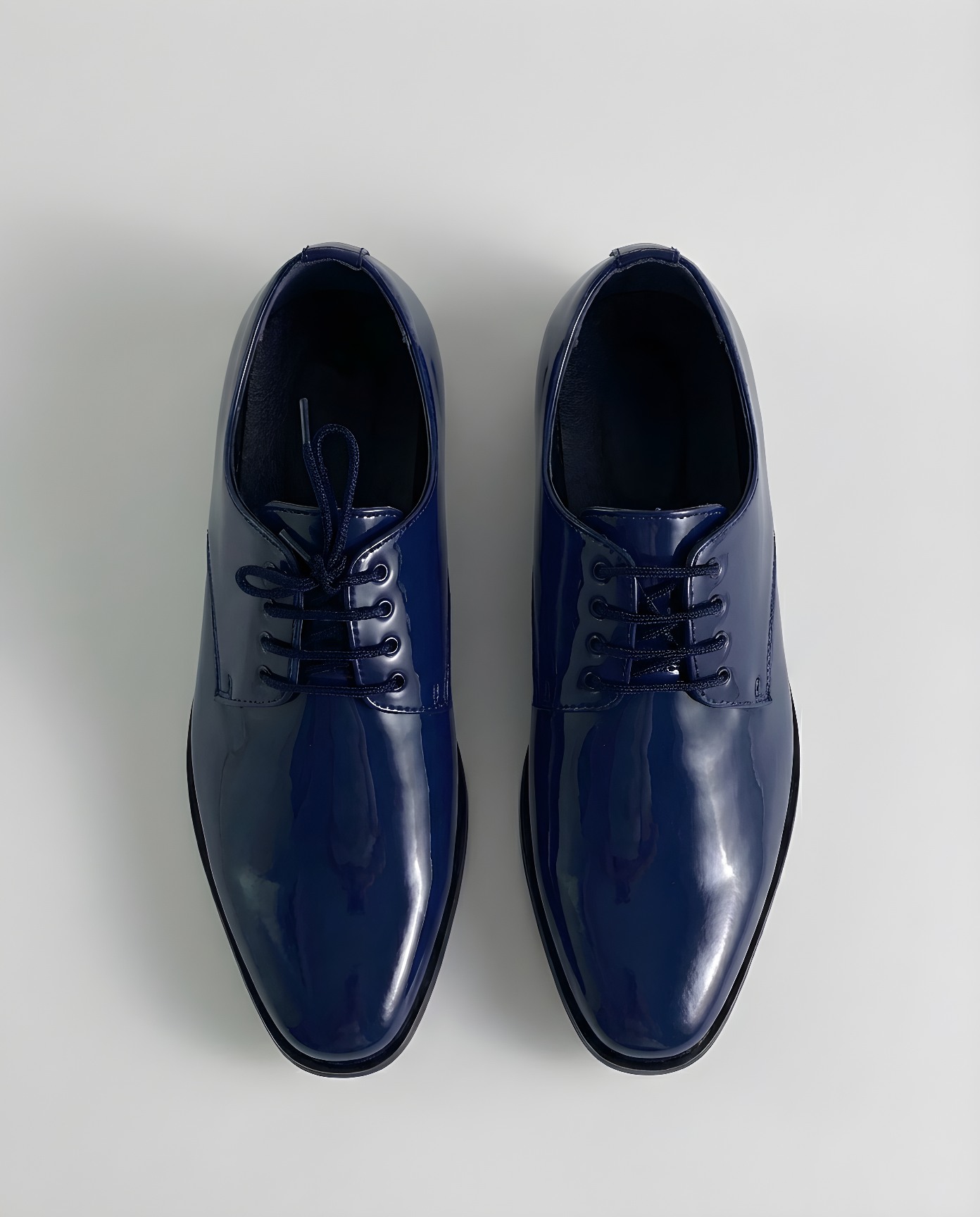 Boys navy patent derby shoe — front view