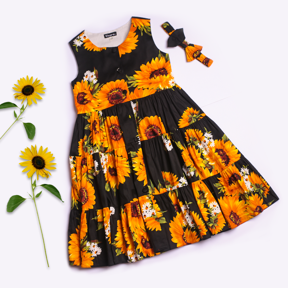 Black Sunflower Casual Frock girls casual frock front view — Little Giants