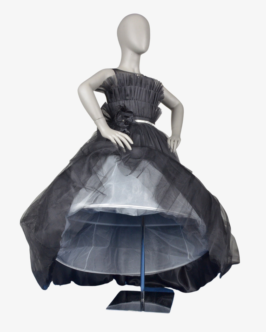Dark Grey Flamingo Dress girls party frock three-quarter angle — Little Giants